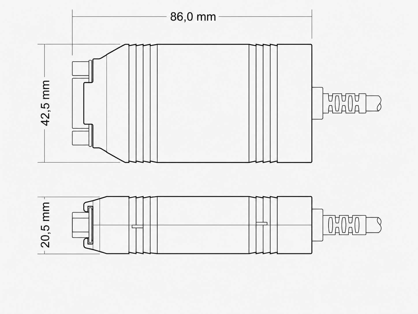 KH-UCANFD-LITE-X2U 2D 尺寸图:86.0 × 42.5 × 20.5 mm