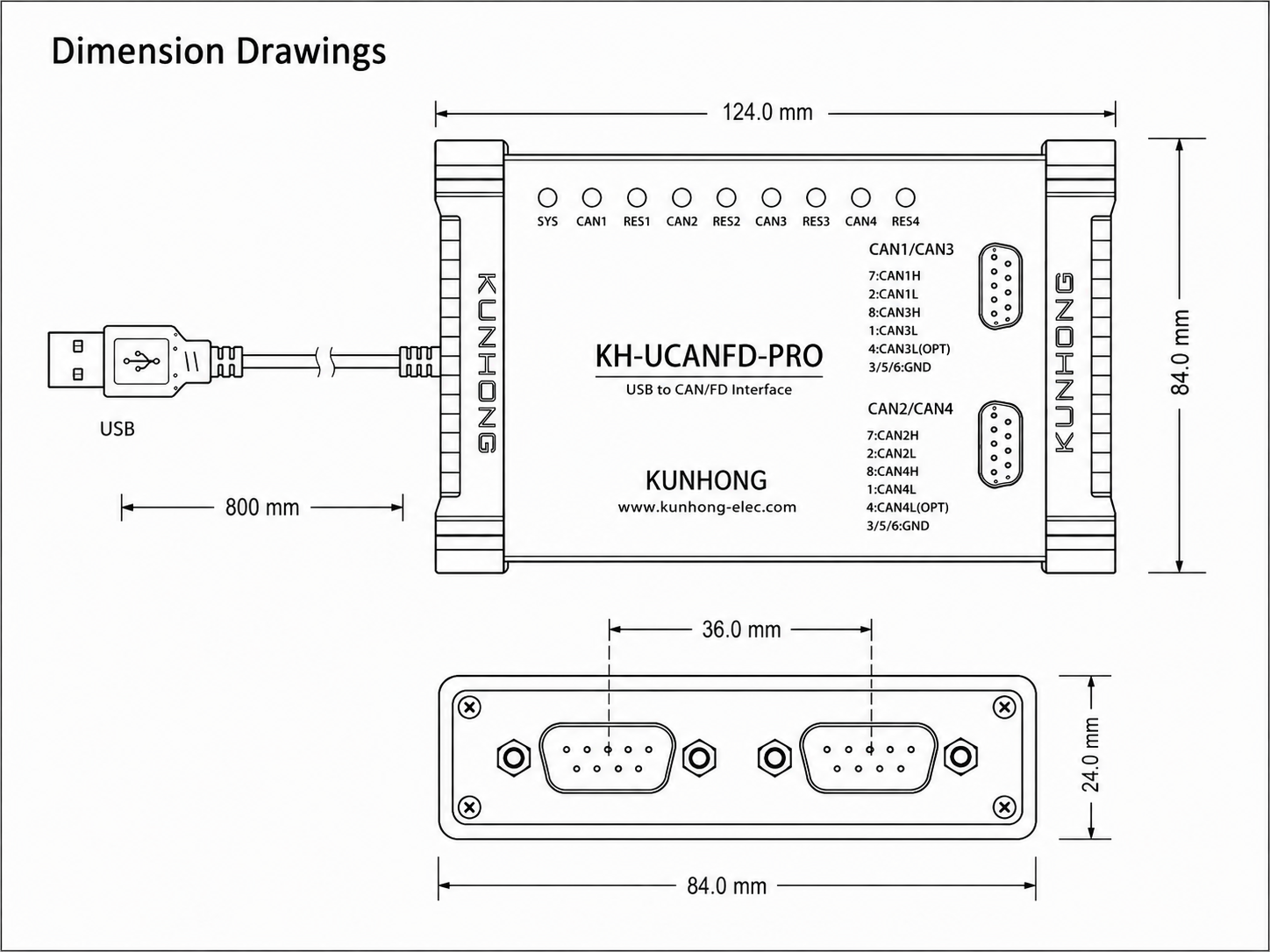 KH-UCANFD-PRO-X2U 2D 尺寸图：124 × 84 × 24 mm