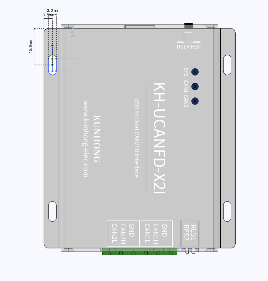 KH-UCANFD-X2I 无透视正投影安装孔尺寸图，标注 3.2 mm、3.5 mm、5.0 mm 和 15.0 mm