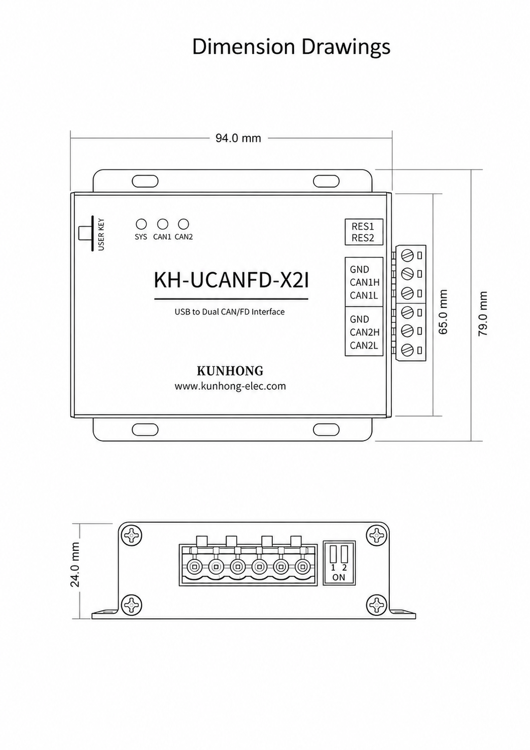 KH-UCANFD-X2I 2D 尺寸图：安装外廓 94 × 79 × 24 mm