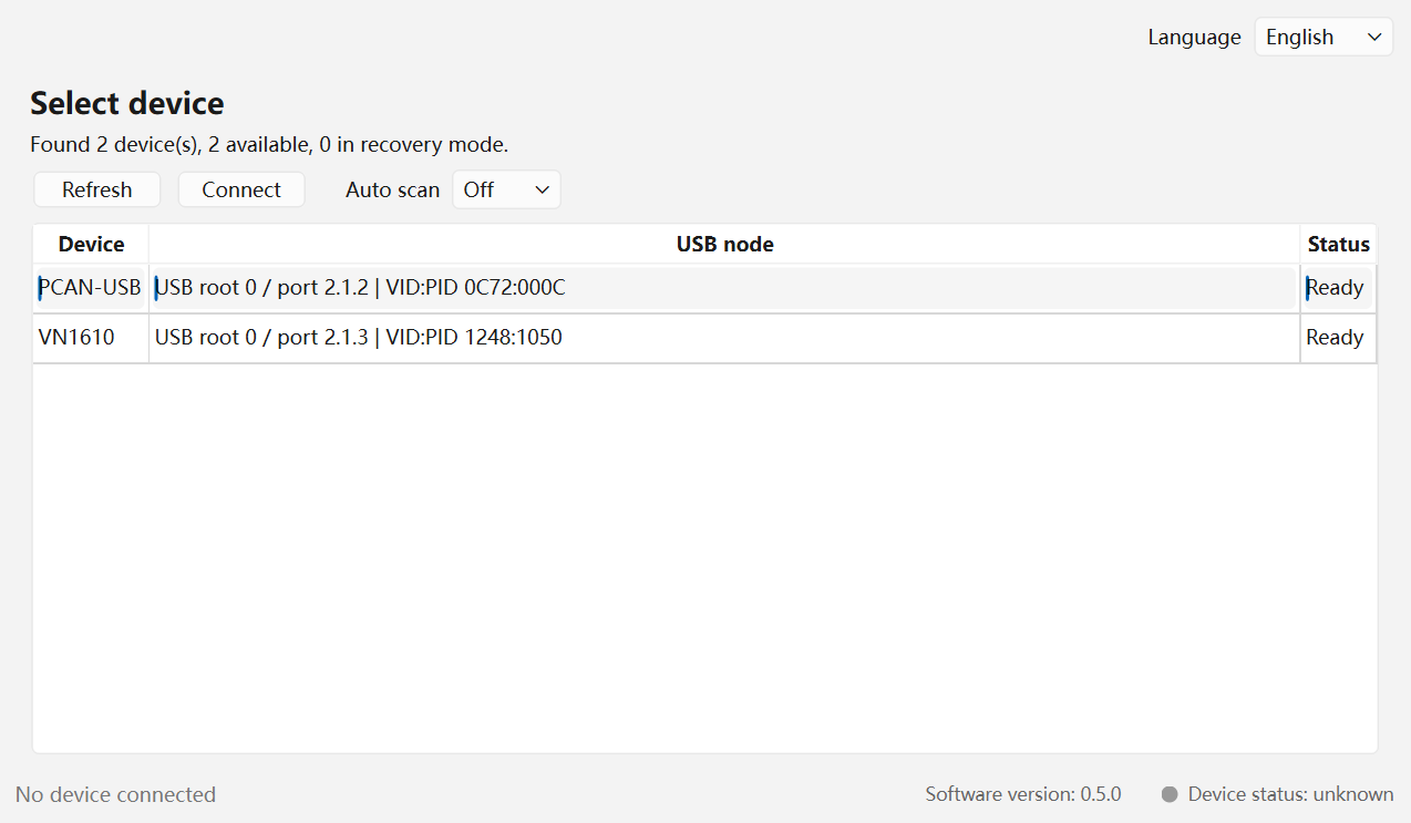 CANmeleon device manager select device page