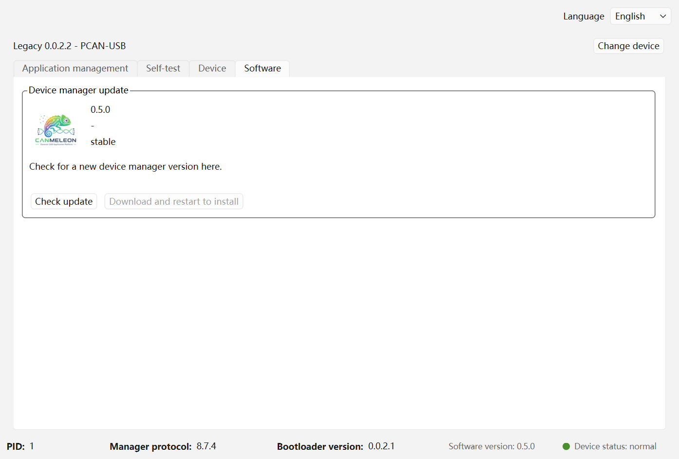 CANmeleon device manager software update page